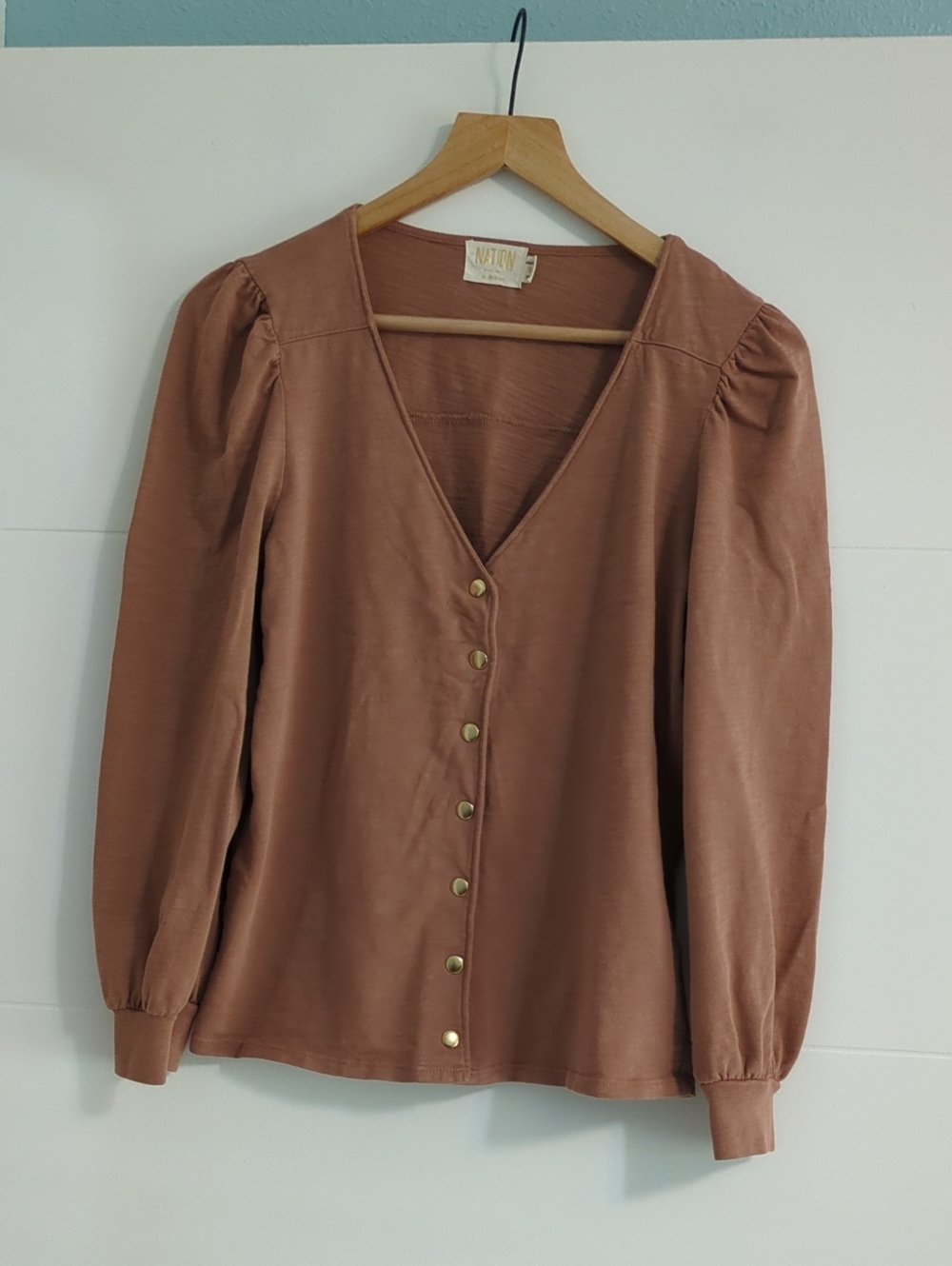 Nation LTD Bentley Work Shirt -Neck Puff Sleeve Button-Front Top  Sz M - Picture 3 of 5